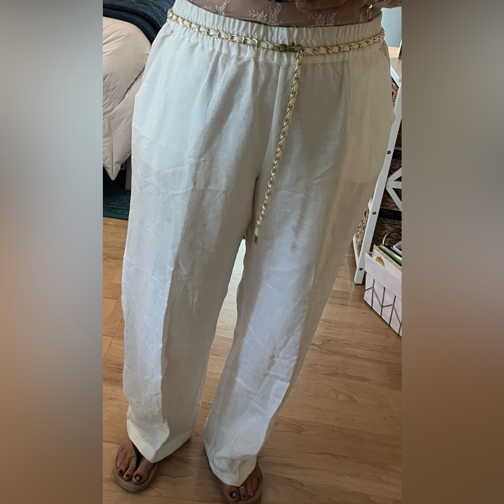 JM Collection Cream Linen-Blend Pants